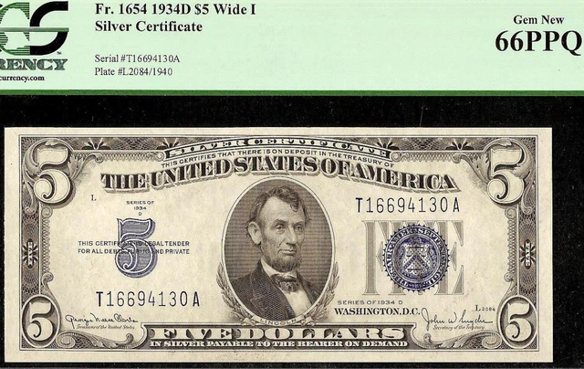 1934D $5 Bill Silver Certificate Blue Seal Note Money Pcgs 66 Ppq Gem Unc