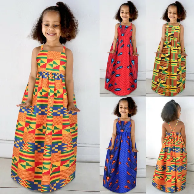 Kids Girls Dress African Dashiki 3D Digital Printing Suspenders Princess Dress