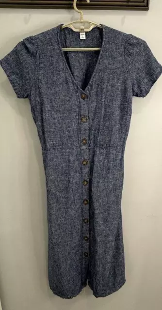 Old Navy Chambray Blue Linen Blend Short Sleeve Button Front Midi Dress M