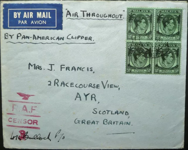 Malaya Sep 1941 Kgvi Wwii Raf Censored Airmail Cover From Singapore To Scotland