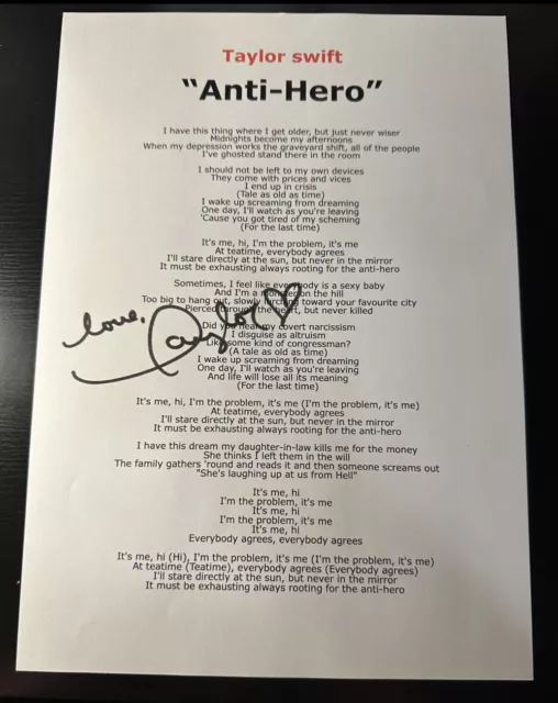 Taylor Swift “Anti-Hero” Autographed lyric sheet Print