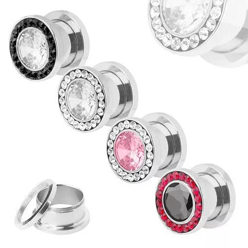 Tunnel Flesh Plug Oreille Piercing Acier Inoxydable Argent Multi Zircon Cristal