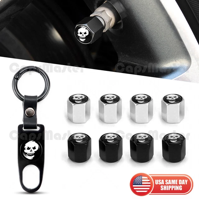 Universal Car Wheels Tire Valve Dust Stem Air Cap + Keychain Skull Smiley Logo