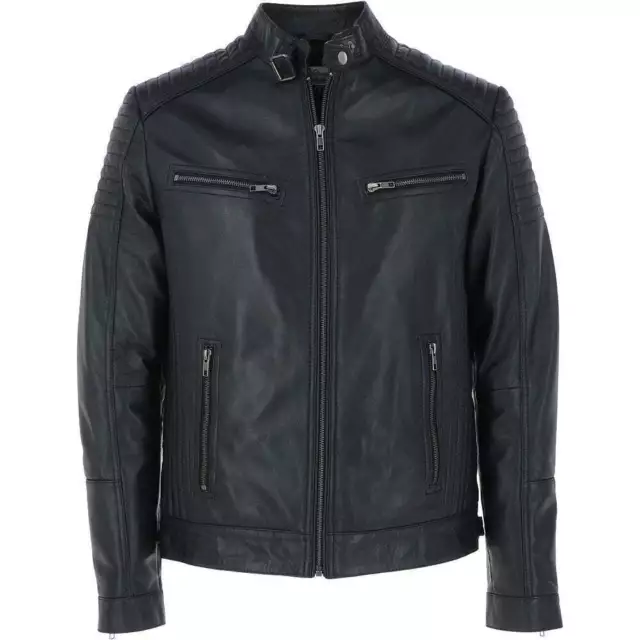 Mens Biker Leather Jacket Genuine Leather Zipped Motorcycle Style Leather Coat