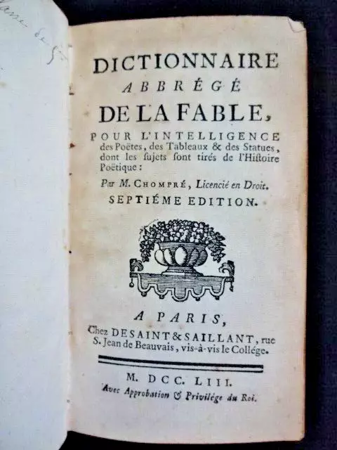 Dictionnaire abrégé de la FABLE par M. de CHOMPRE