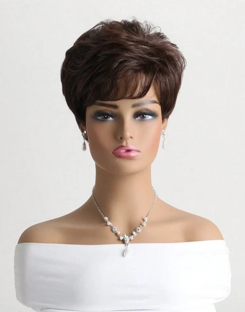 Perruque Synthétique Courte Style Pixie - Brun Marron Foncé, Avec Frange Et Bonnet