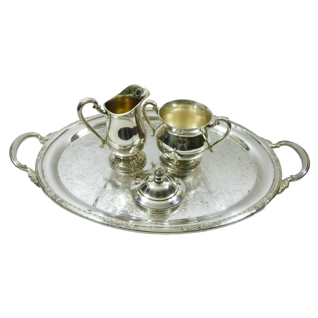 INTERNATIONAL SILVER Silver Plate CAMILLE Waiter Tray 6080 Cream & Sugar 6003-4