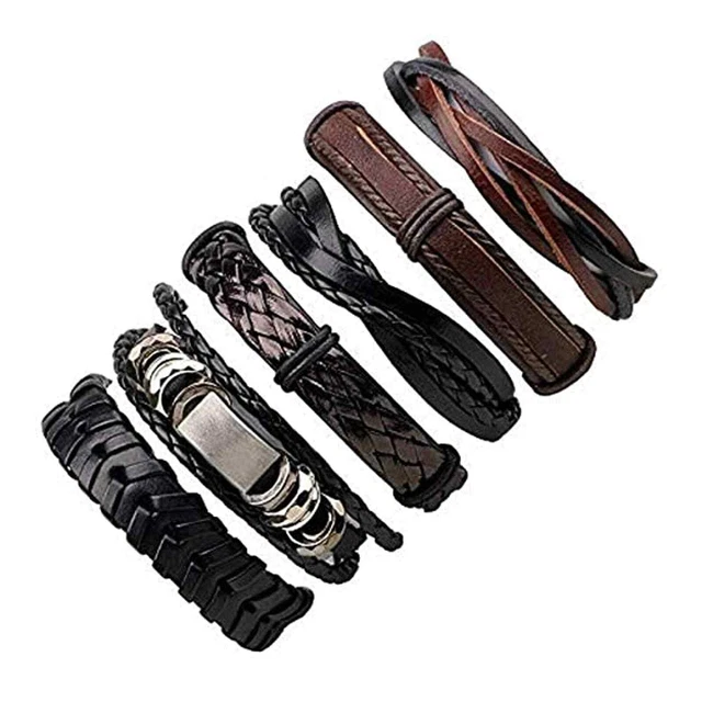 6 Mixed Handmade Adjustable Genuine Leather Bracelet for Men & Women