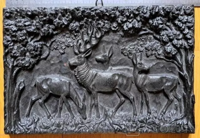 Antique Panel Cast Iron Deers Decorative Wall Landscape Home Art Rare Old 20th