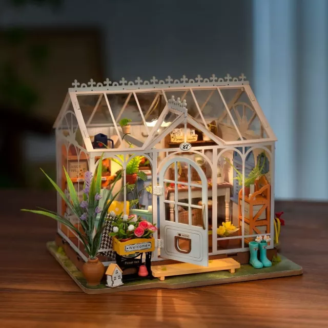 Robotime Verträumtes Gartenhaus DIY Puppenhaus Holz Miniatur Möbel Kit mit LED 3