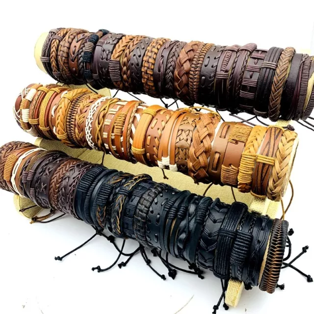 Wholesale 30pcs Genuine Leather Cuff Bracelets For Men Women Handmade Rope Tie