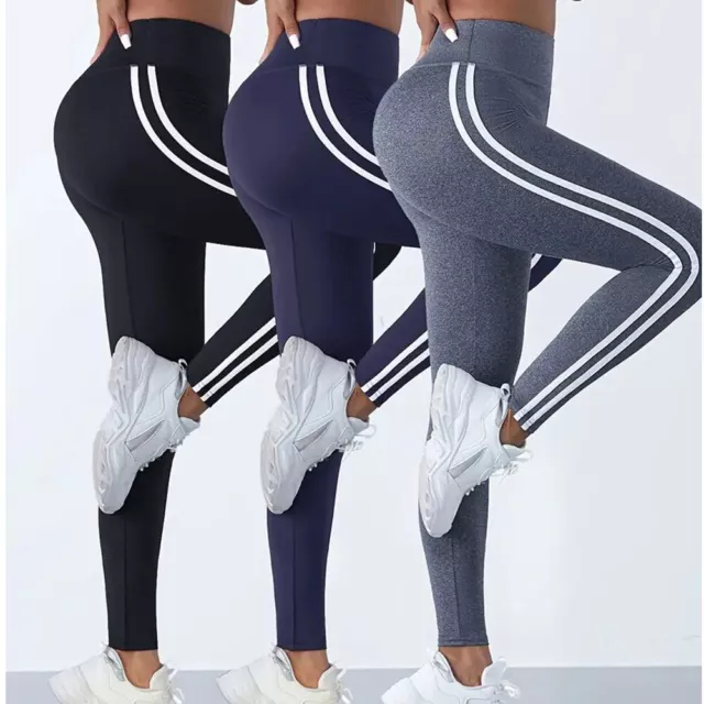 Womens High Waist Gym Leggings Stripe Fitness Sports Running Ladies Yoga Pants