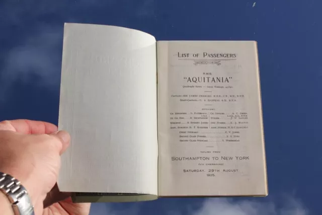 Cunard Line Rms Aquitania Deluxe List Of Passengers 29Th Aug 1925 S'ton To Nyc 2