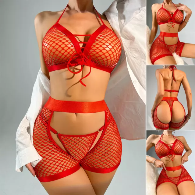 Sexy Women's Fishnet Lingerie Lace Bra G-string Set Sleepwear Nightwear Babydoll