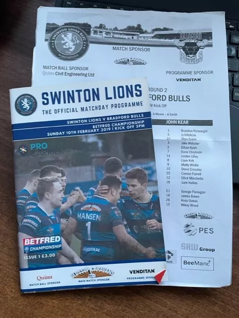 2019 Swinton Lions V Bradford Bulls + Team Sheet