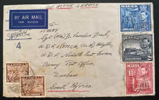 1942 Malta On Active Service Airmail Cover To MEF Army PO Durban South Africa 2