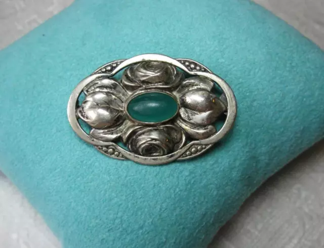 Art Deco Jugend Arts & Crafts Chrysoprase Rose Brooch Silver Germany c1920 Retro