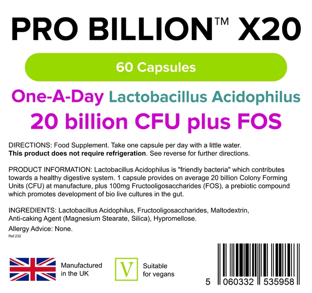 PRO BILLION X20, 20bn CFU (60 Capsules) Strength Probiotic Supplement ...