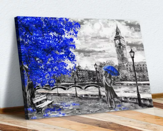 Canvas Wall Art Picture Print Artwork London Big Ben Grey Blue Umbrella