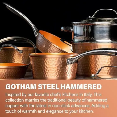 Hammered Copper 10 Pc Pots and Pans Set Non Stick Cookware Set, Non Toxic