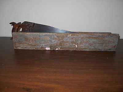 Early Antique Primitive Hand Saw In Old  Painted Homemade Wood Holder