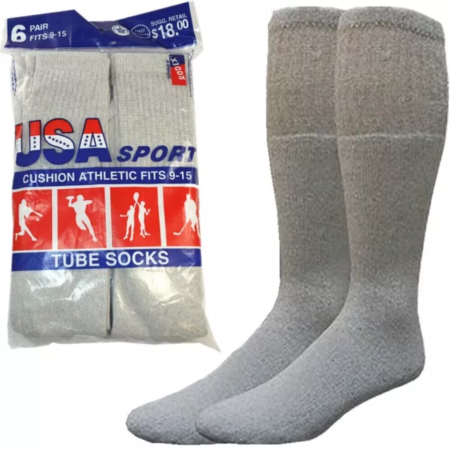 6 Paris Men's Grey Cotton Athletic Sports Tube Socks 22" Size 9-15 Made For USA