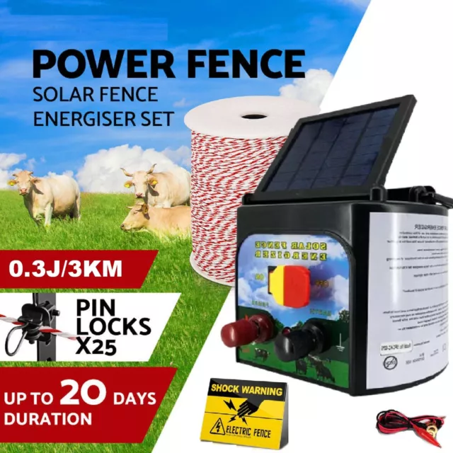 3km Solar Electric Fence Energiser Set Energizer Charger Tape Insulator Farm Kit