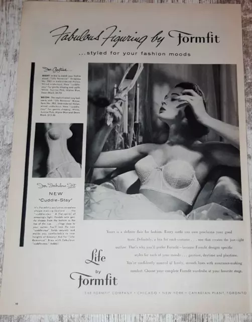 1956 Formfit Vintage Print Ad Bra Brassiere Cuddle Stay Fashion Beauty Mirror BW