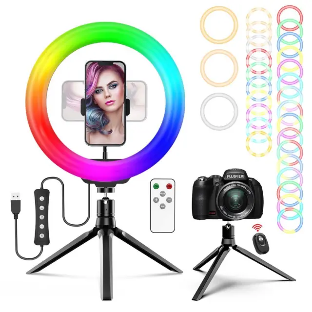 LED RGB Selfie Ring Light with Tripod Stand Phone Holder Remote Control Dimmable