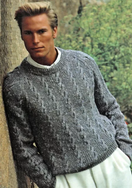 Knitting Pattern Mens Cable and Rib Sweater in DK  Size 34 to 44 ins