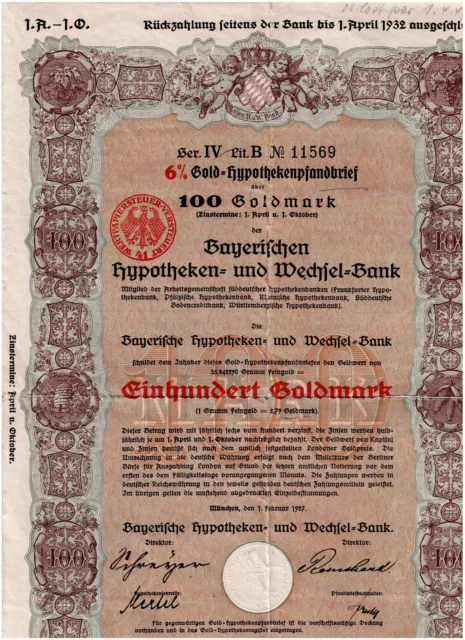 Bayerische Hypo.- und Wechsel-Bank, München 1927, 1000 Goldmark, deco, uncancell
