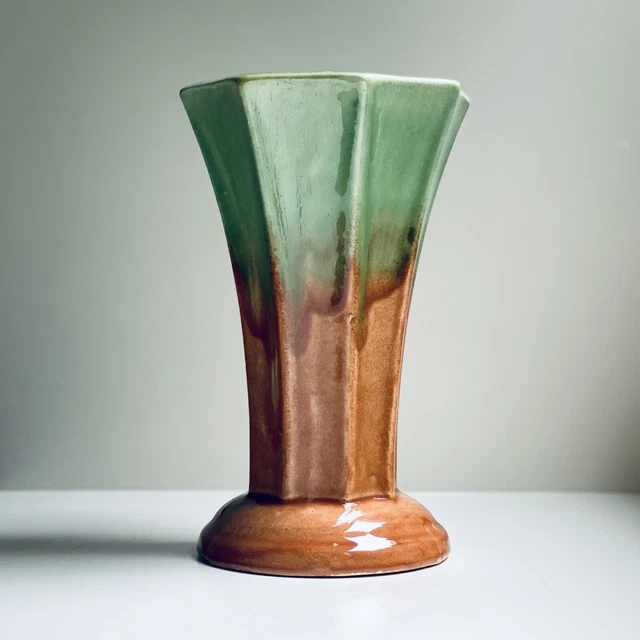 Medium Green & Brown Drip Glaze Vintage Pottery Trumpet Vase Stamped 5 EC.