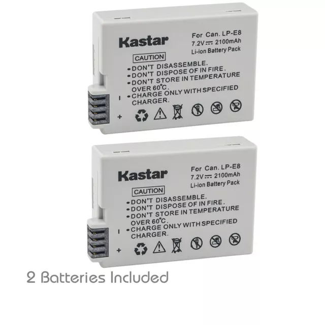 Kastar 2Pack Battery for Genuine OEM Canon LP-E8 Rebel T2i T3i T4i T5i 550D 600D