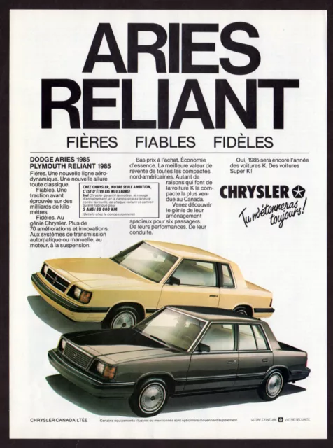 1985 DODGE Aries & PLYMOUTH Reliant Vintage Original Print AD Chrysler French CA