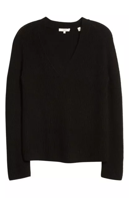 NWT Vince V-Neck Ribbed Wool &Cashmere Blend Sweater in Black - Size S  #S4609