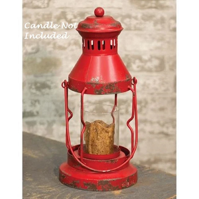 NEW Primitive RED Metal LANTERN Candle Holder Farmhouse Christmas Distressed