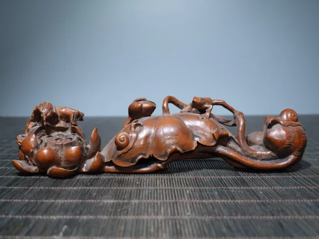 Chinese Vintage Boxwood Carved Lotus Frog Statue Pen Rack Wooden Figurines Art