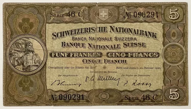 5 Francs 20.01.1949 Swiss National Bank Swiss Banknote