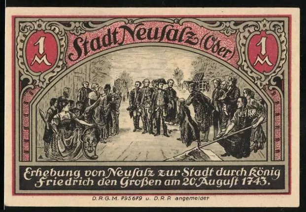 Notgeld Neusalz Oder, 1 Mark, Wappen, Erhebung zur Stadt durch König Friedrich