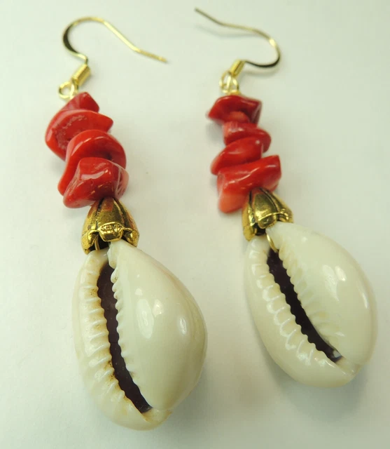 Cowrie Shell & Red Coral Earrings Handcrafted Earrings