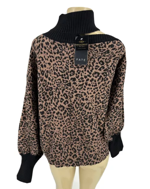 NEW Fate Small Women Pullover Turtle Neck Sweater Animal Print Cold Shoulder P10 2