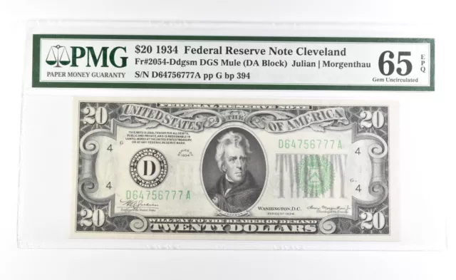 PMG 65 Gem Unc EPQ 1934 $20 Cleveland, OH US FRN Green Seal Fr#2054-Ddgsm *0928