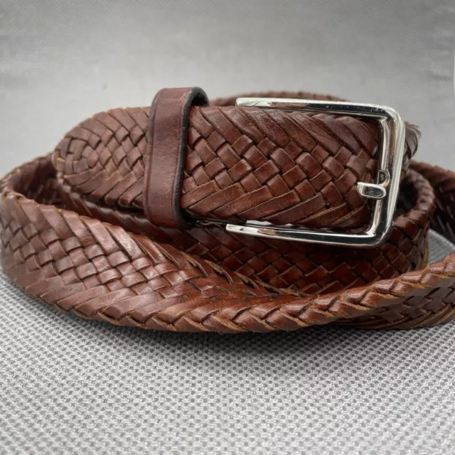 Men's Braided Belt Brown Silver Tone Buckle Woven Leather Adjustable