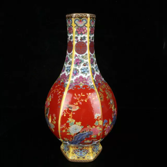 Old Chinese porcelain Enamel color Hand Painted flowers six square bird vase