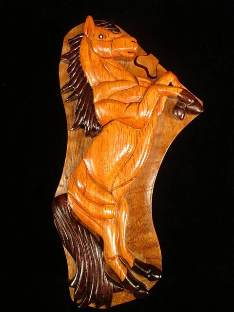 Hand crafted 3D Intarsia Wood Art HORSE Puzzle Wooden Box Wild Animal