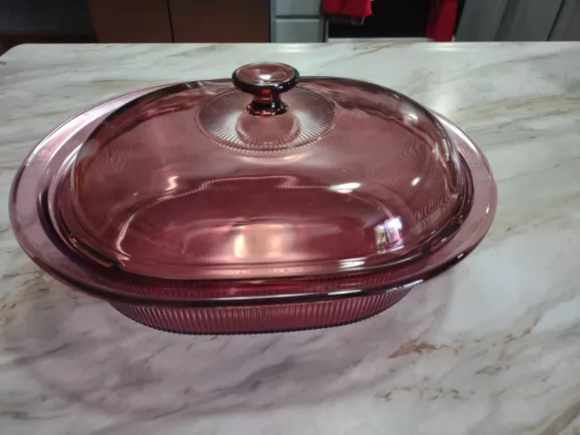 Corning Ware Visions Cranberry V-34-B Ribbed Roaster Cassarole Pan 4Qt Oval