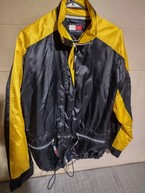 Tommy Hilfiger Sailing Jacket Mens L Yellow Black Embroidered Retro Nautical Zip