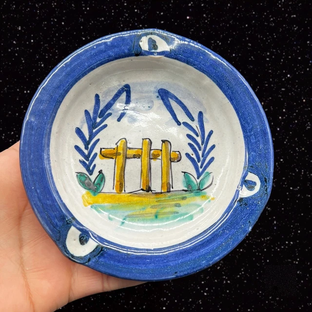Folk Art Pottery Tauer Rocio Trina Ashtray Hand Painted Wood Fence Signed 5”W