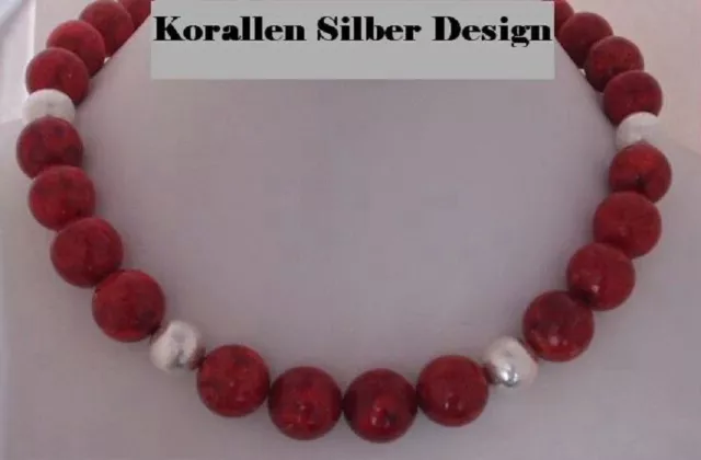 Korallen Kette Halskette Collier rote Damen echte Silber Kugeln 14 mm runde neu