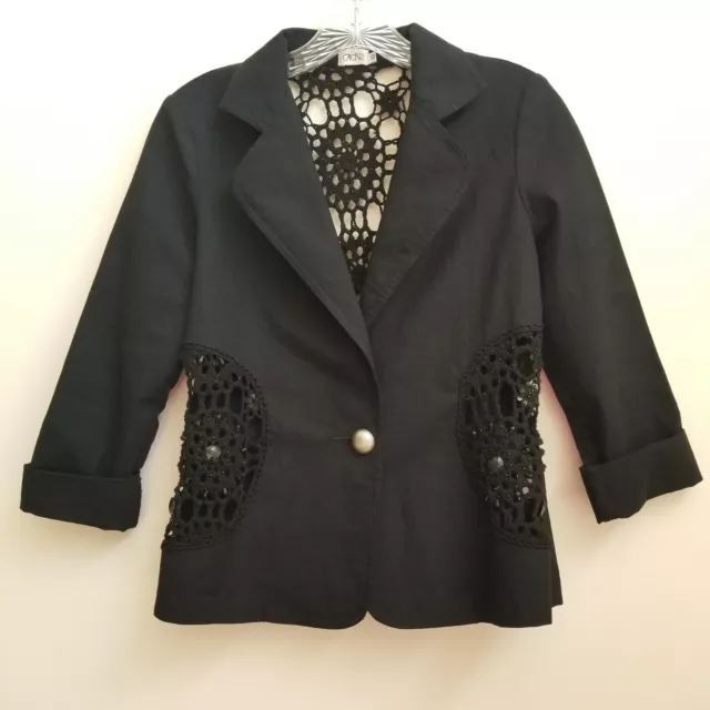 Cache Black Cropped Crochet 3/4 Sleeve Unlined Jacket Blazer Size XSmall Womens